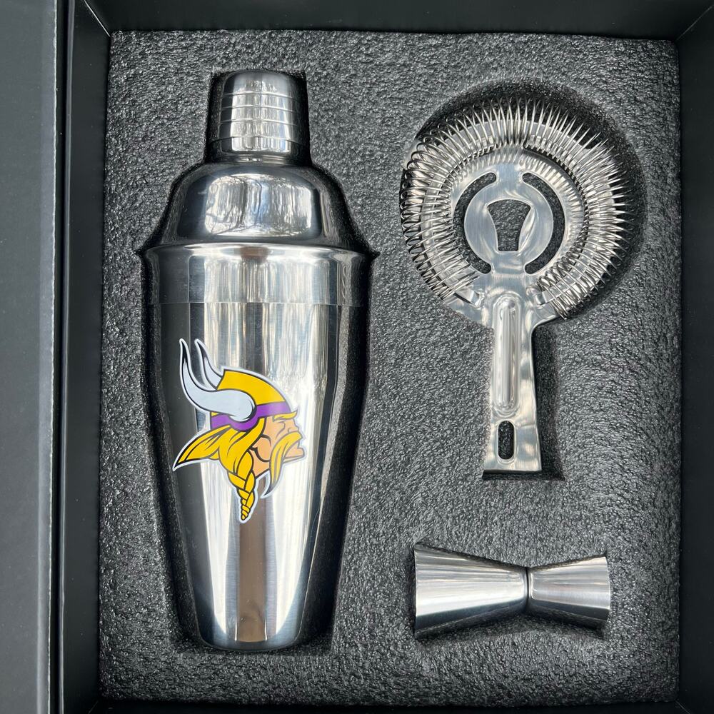 Minnesota Vikings Cocktail Shaker Set Strainer Jigger Stainless NFL Bar Gift Box